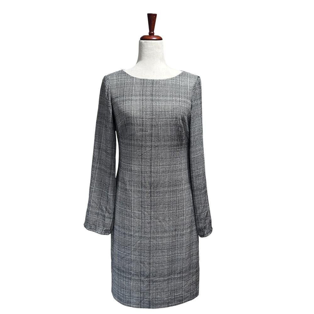 Lauren Ralph Lauren Houndstooth Chiffon Boat Neck Dress Black White Sz 2